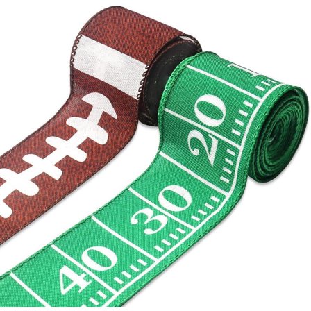 Jimin 2 Rolls Football Ribbons for Crafting, Football Wired Edge Ribbon Green Brown Burlap Ribbon Bow Sports Rolls Ball Wired Ribbons for Gift Wrapping Sports Ball Game Sewing DIY Crafts Supplies