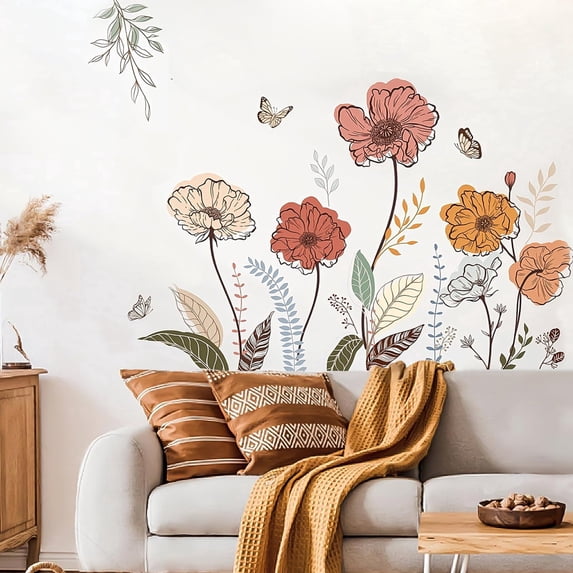 Jimin Boho Flower Wall Stickers, Wildflower Floral Grass Peel and Stick, Wall Art Decals for Living Room Bedroom TV Wall