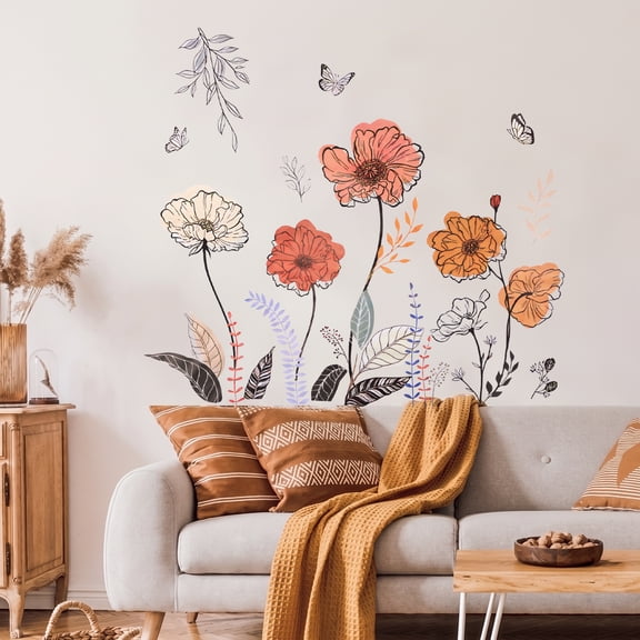 Jimin Boho Flower Wall Stickers, Wildflower Floral Grass Peel and Stick, Wall Art Decals for Living Room Bedroom TV Wall