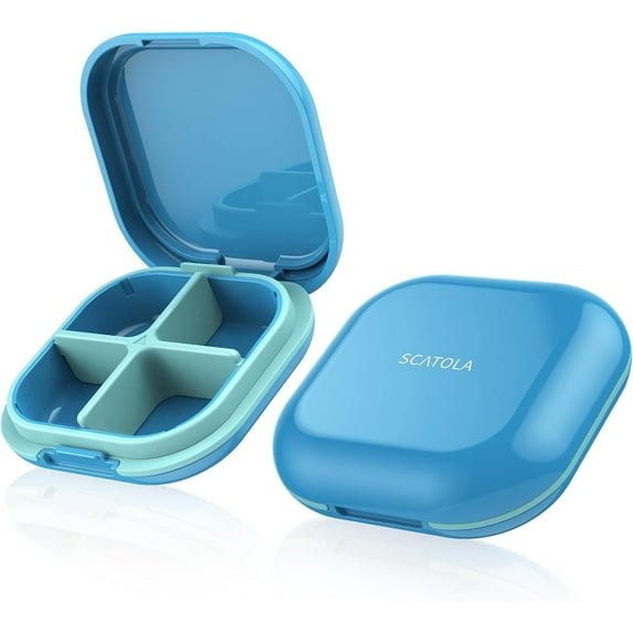 Jimin Daily Pill Organizer 4 Compartments, Small Pill Box Portable Travel Pill Case, Mini Pill Container for Purse Pocket, Compact Travel Medicine Organizer for Vitamin, Cod Liver Oil, (Blue)