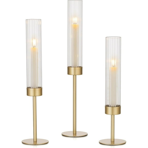 Jimin Gold Hurricane Candle Holders: Brass Candlestick Holders Set of 3 Tall Taper Candle Holders for Candlesticks Candle Sticks Holder Decor for Table Centerpiece Wedding Party