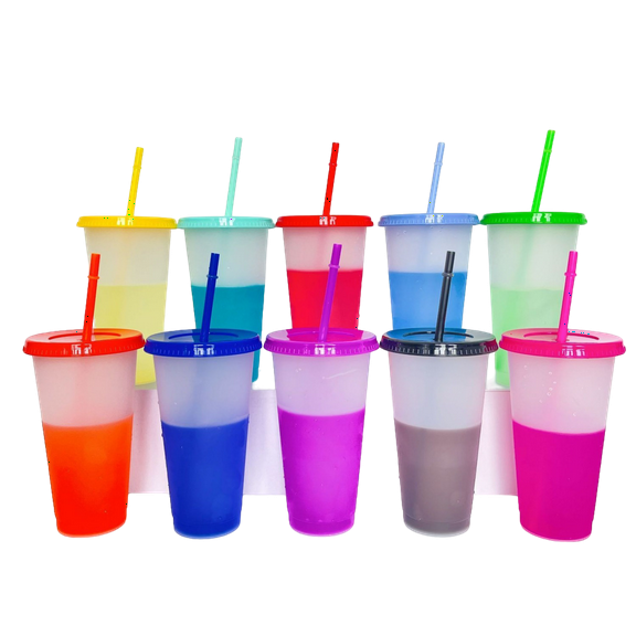 CNDRLEF Color Changing Cups 24 oz, 10 Pack Iced Coffee Cups with Lids & Straws, Reusable BPA-Free Plastic, Fits Car Cup Holder