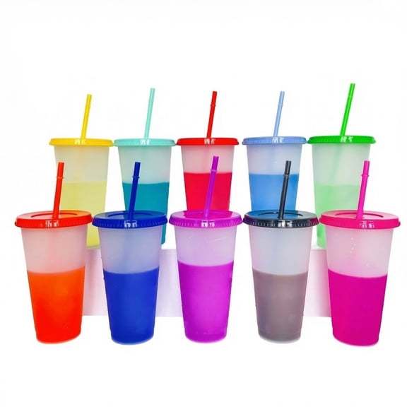 CNDRLEF Color Changing Cups 24 oz, 10 Pack Iced Coffee Cups with Lids & Straws, Reusable BPA-Free Plastic, Fits Car Cup Holder