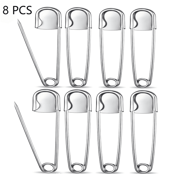 CNDRLEF 8 Pack 5 Inch Jumbo Stainless Steel Safety Pins - Extra Large Heavy Duty, Secure Locking for Outdoor, Craft, Key Rings, Upholstery (Silver)