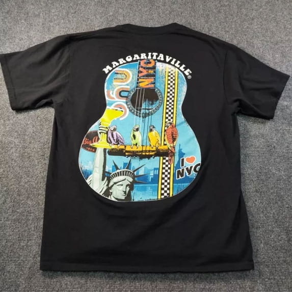Jimmy Buffett Margaritaville T-Shirt Edium Black Guitar Ny Good Vibes Tee