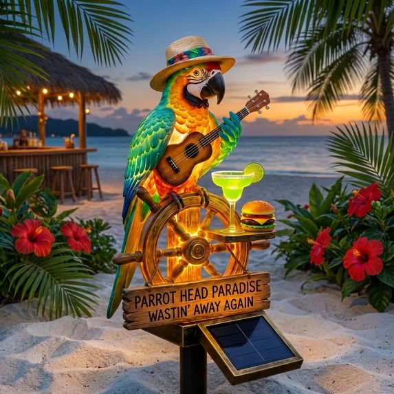 Jimmy Buffett Tropical Parrot Solar Garden Light, Durable Resin Solar Parrot Lamp Waterproof Outdoor Ornament for Hawaiian Luau Party
