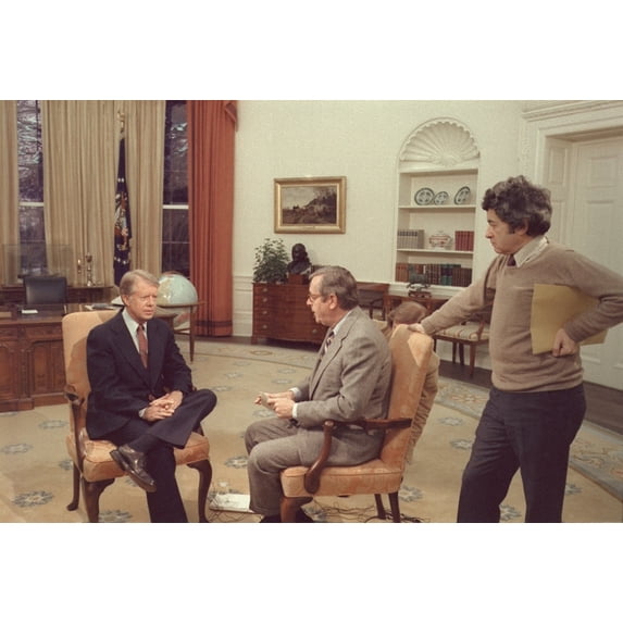 Jimmy Carter Prepares For An Interview With Nbc Anchor John Chancellor While Gerald Rafshoon Stands By. Ca. 1977-1980