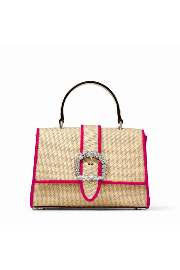 Cheri Crystal Medium Top Handle Bag Raffia Pink Leather Trim