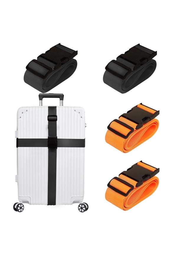 Heavy Duty Luggage Straps for Suitcases, 4-Pack (2 Black, 2 Orange), Adjustable 2 in x 72 in Travel Suitcase Belts