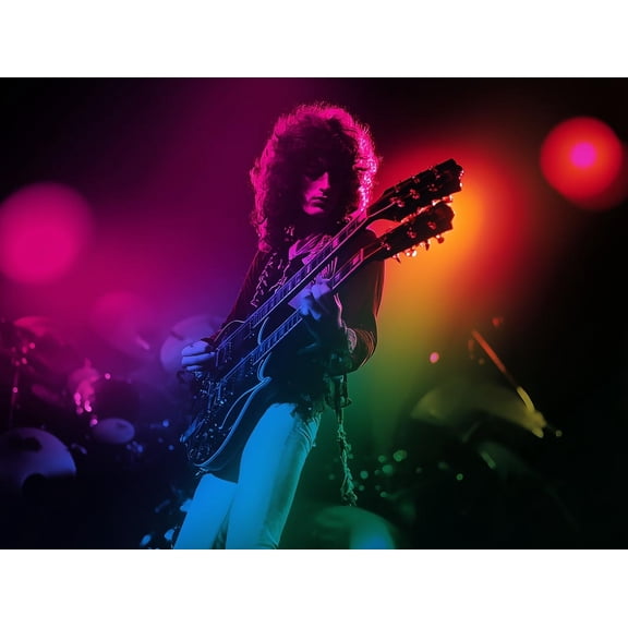 Jimmy Page Psychedelic Rock Poster – Neon Stage Lights Music Art 【Rolled Canvas】