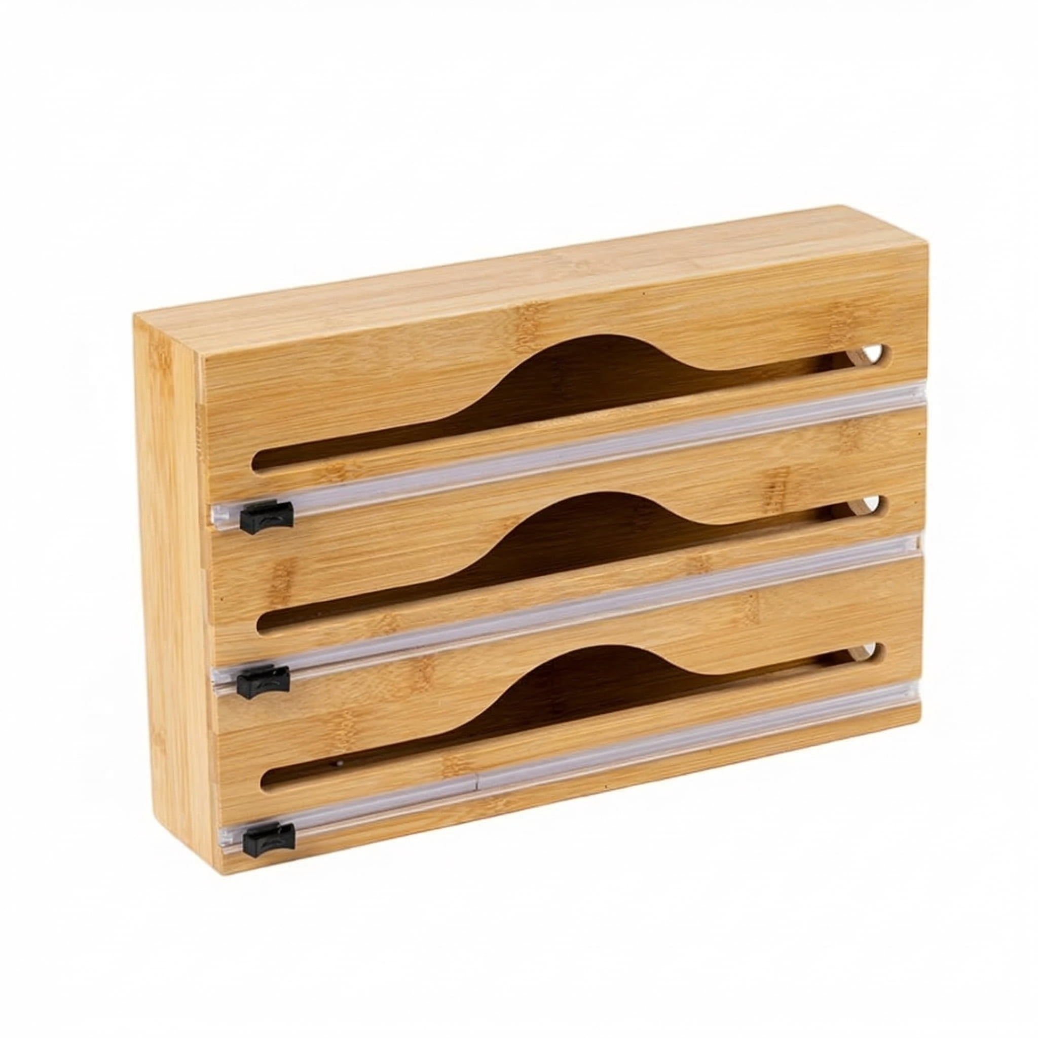 CNDRLEF 3-in-1 Bamboo Wrap Organizer with Sliding Cutters, Wall Mount or Drawer Kitchen Wrap Storage for Plastic Wrap, Aluminum Foil & Parchment Paper, Fits Up to 12.5" Rolls, Natural
