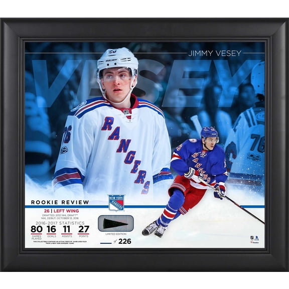 Jimmy Vesey New York Rangers Framed 15" x 17" Rookie Review Collage with Piece of Game-Used Puck - Limited Edition of 226 - Fanatics Authentic Certified