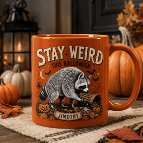 Jimothy Coffee Mug Stay Weird Halloween Raccoon Orange Drinkware for Fall Coffee Fans