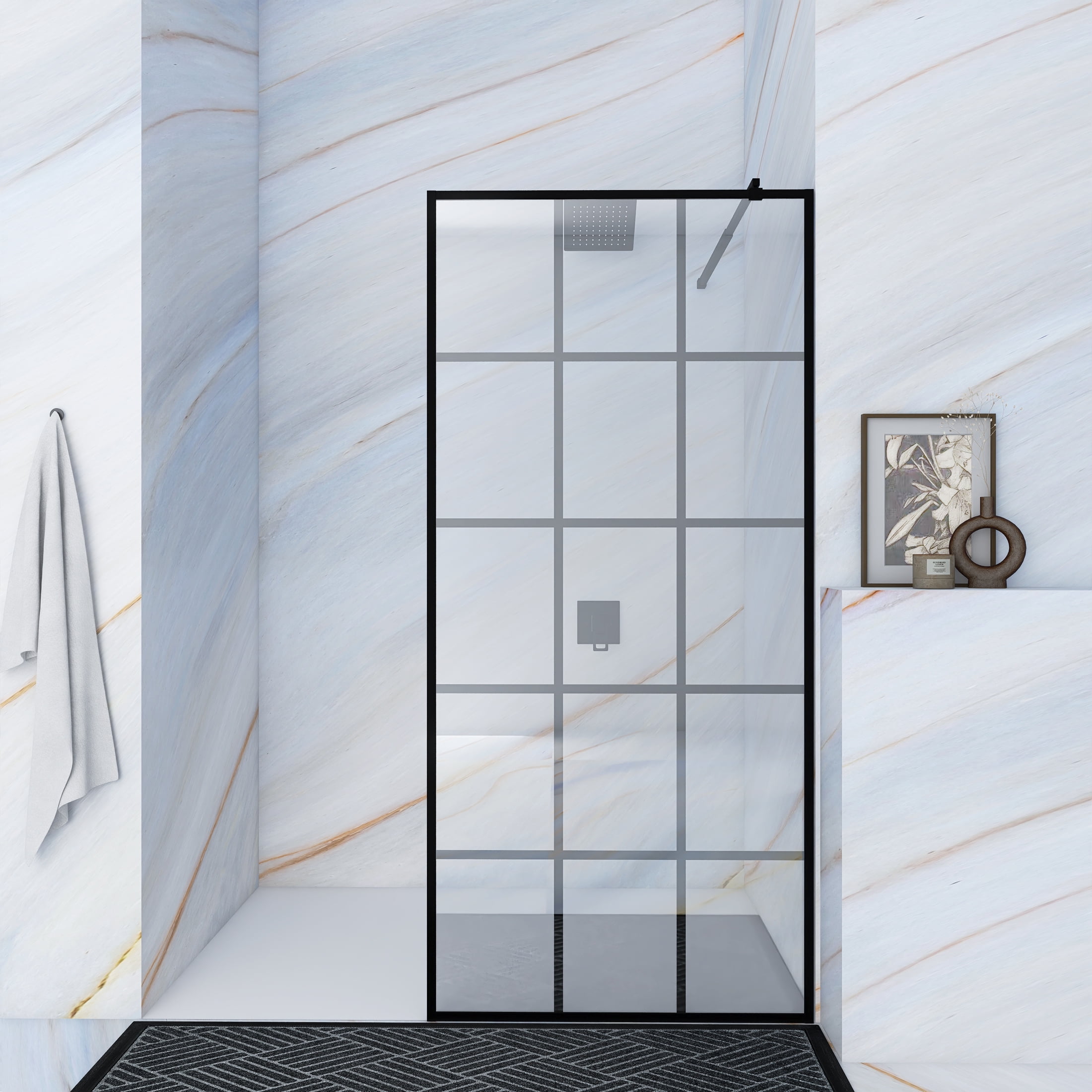 JimsMaison 34"W x 72"H Framed Glass Shower Screen with 1/4" Tempered Glass,Black Aluminum