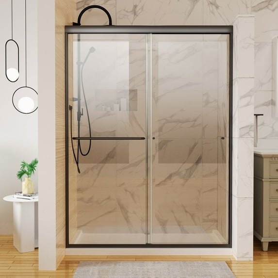 JimsMaison 50-54"W x 72"H Semi-Frameless Sliding Shower Door,Tempered Glass, Matte Black