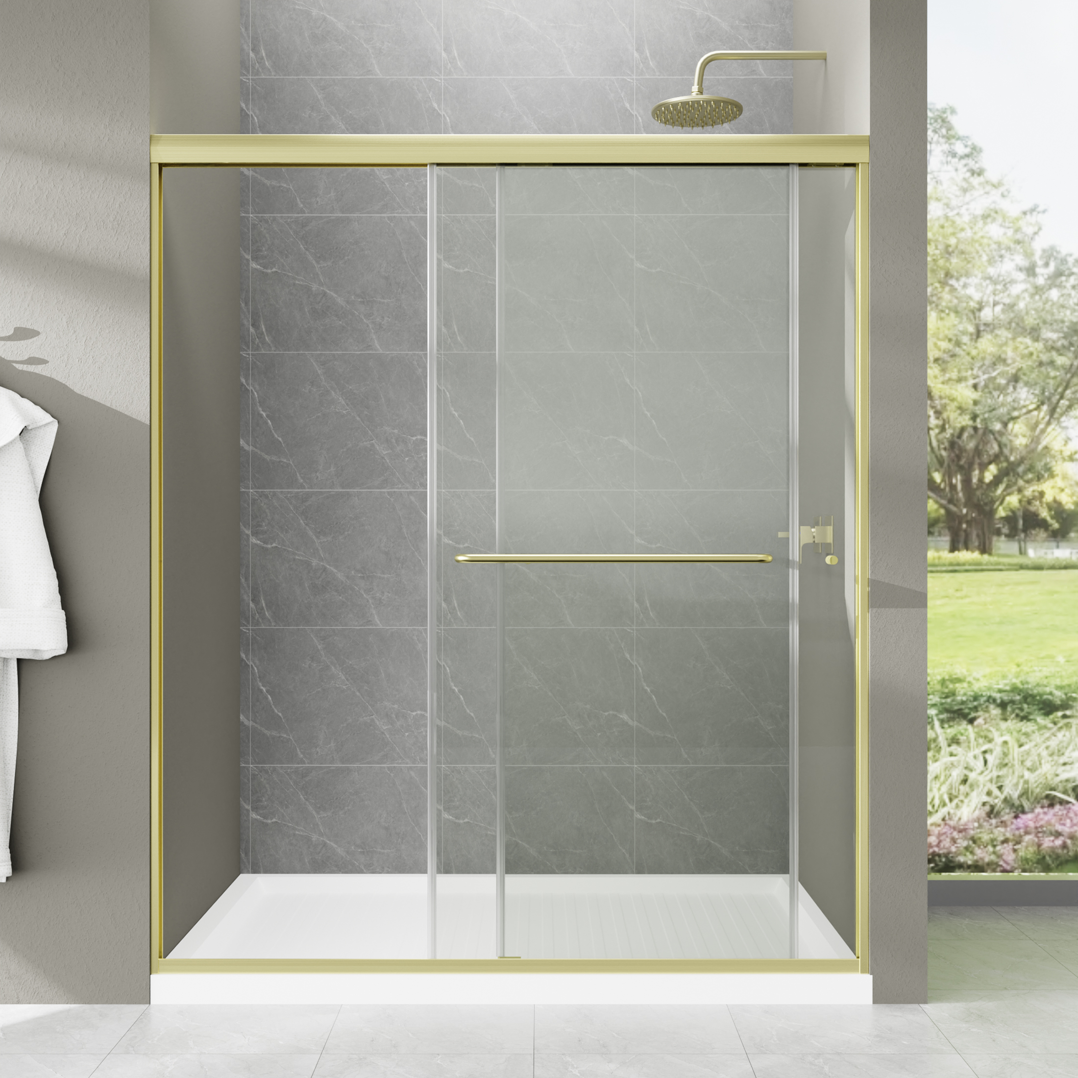 JimsMaison 56-60"W x 70"H Semi-Frameless Sliding Shower Door,Tempered Glass,  Brushed Gold"