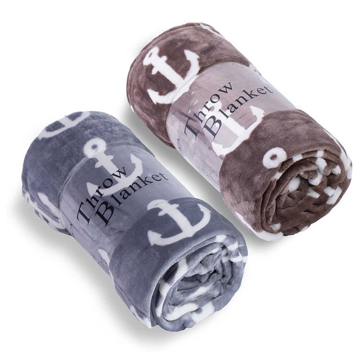Soft Coffee Brown and Gray Fleece Anchor Throw Blankets, 50" x 60", 2 Pack