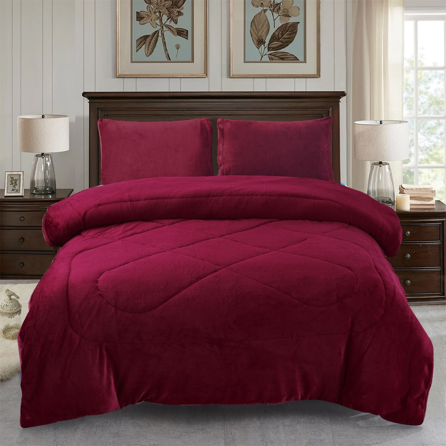 Jin Mai Lan Solid Burgundy Sherpa Fluffy Reversible Washable Bed