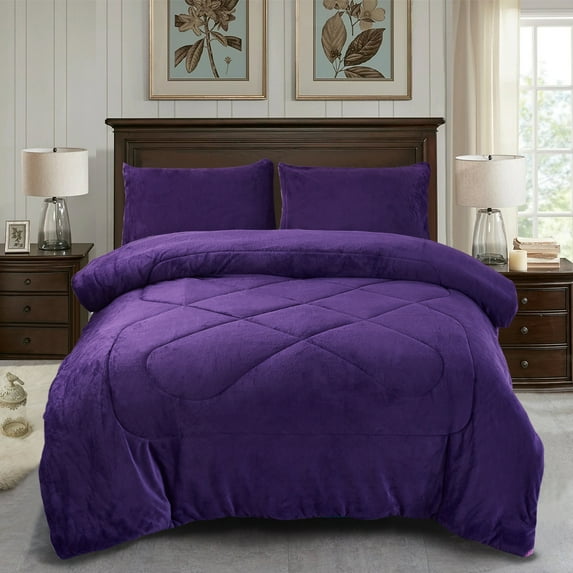 Jin Mai Lan Solid Purple Sherpa Fluffy Reversible Washable Bed Blankets, Full Queen, Purple, 3-Pieces