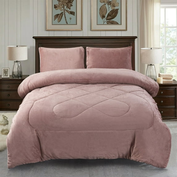 Jin Mai Lan Solid Woodrose Sherpa Fluffy Reversible Washable Bed Blankets, King, Pink, 3-Pieces