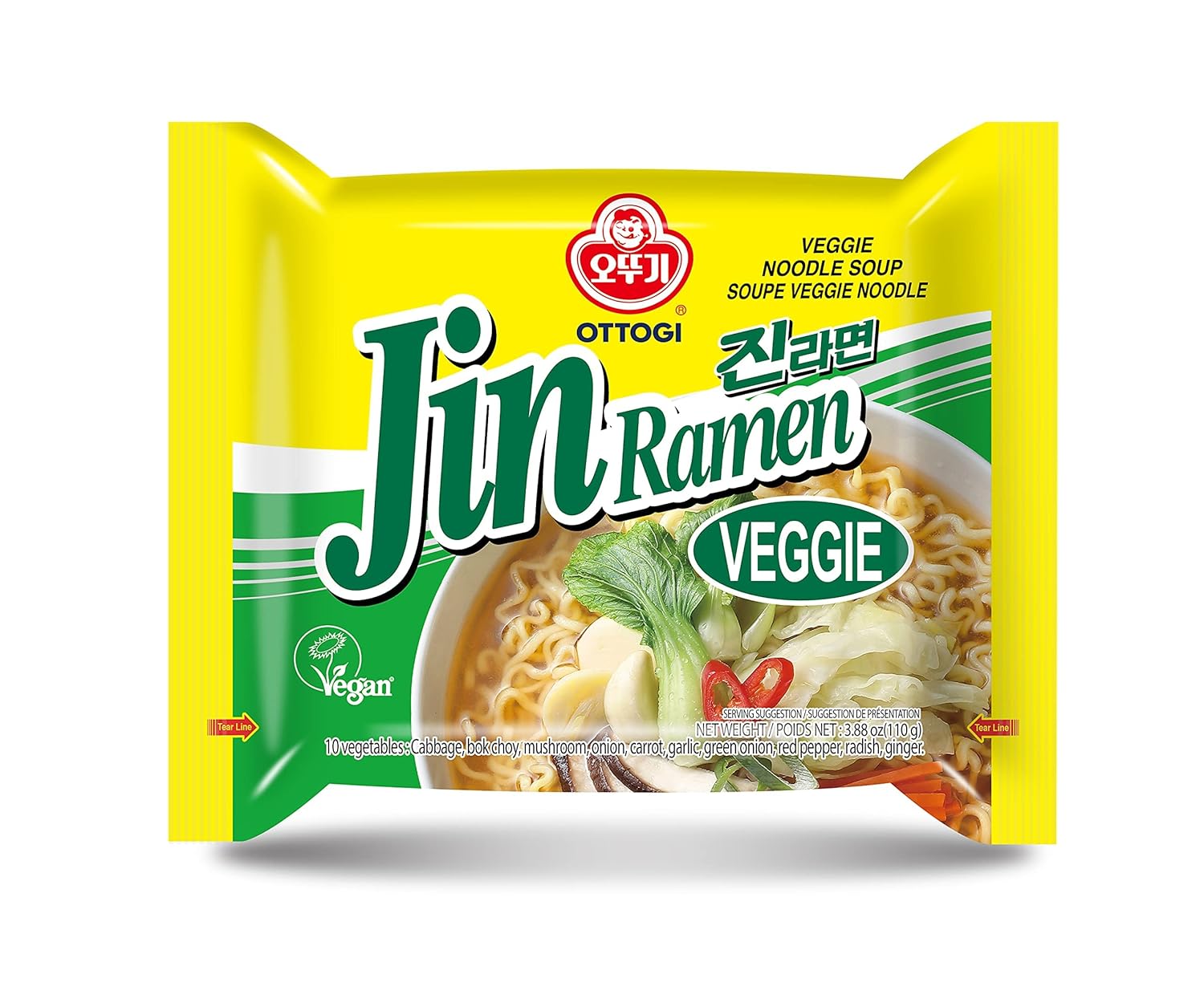 Jin Ramen Veggie, Veggie Noodle Soup, Vegan Korean Style Noodle (110G) 4 Pack