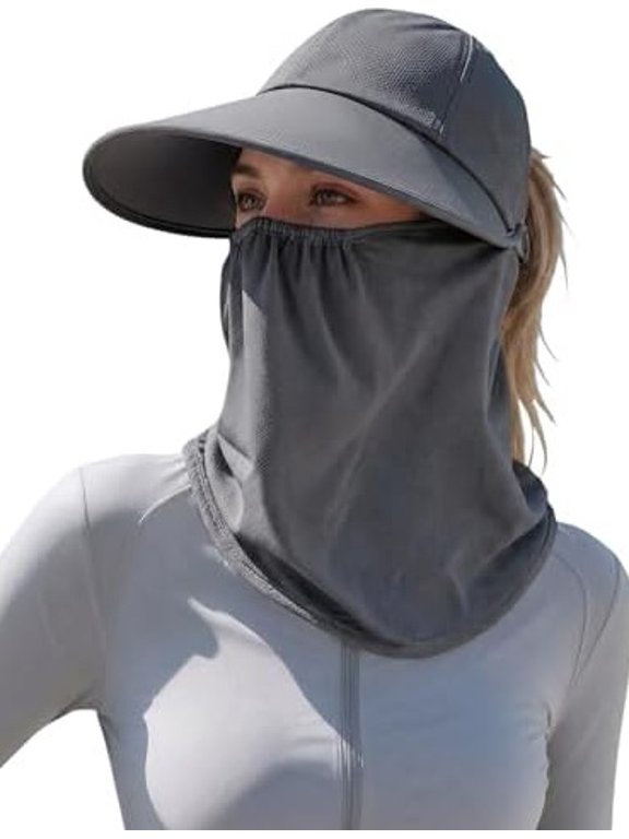 3-in-1 Wide Brim Sun Hat Visor for Women, Detachable Face & Neck Shield, UPF 50+ Cooling Fabric, Ponytail Friendly, Dark Grey