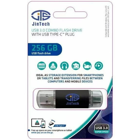 JinTech Semiconductor CO LTD 256GB Dual Drive USB to USB-C Flash Drive.