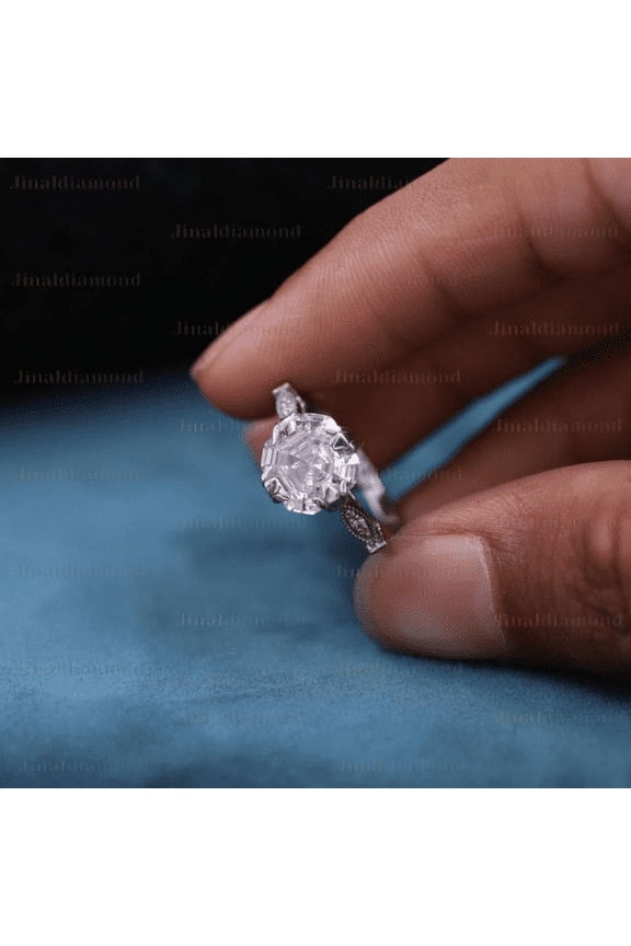 Jinal Diamod Carat Asscher Cut Lab Grown Diamond Solitaire 14k White Gold Ring for Women