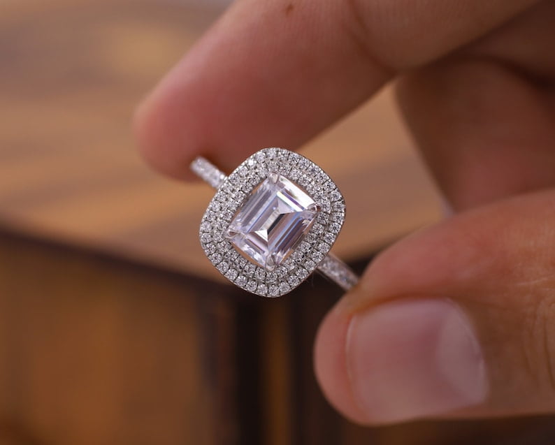 JinalDiamond Emerald Cut Colorless Moissanite Double Halo Engagement ...