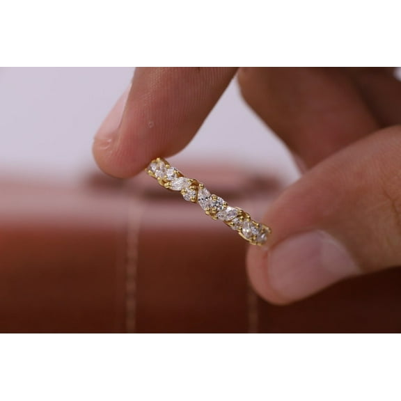 JinalDiamond Vintage Gold Moissanite Wedding Band - Marquise Cut Half Eternity Stacking Ring, Bridal Gift for Her