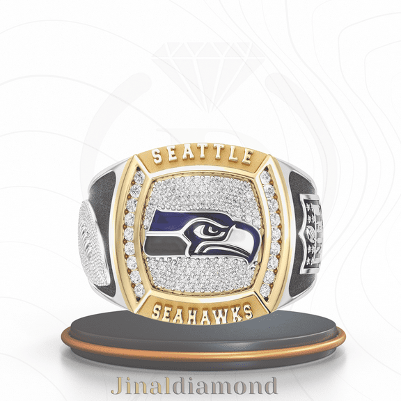 Jinaldaimound #SeattleSeahawks 1/2 CTTW Diamond Two-Tone Yellow Gold and Sterling Silver Ring(6.5)