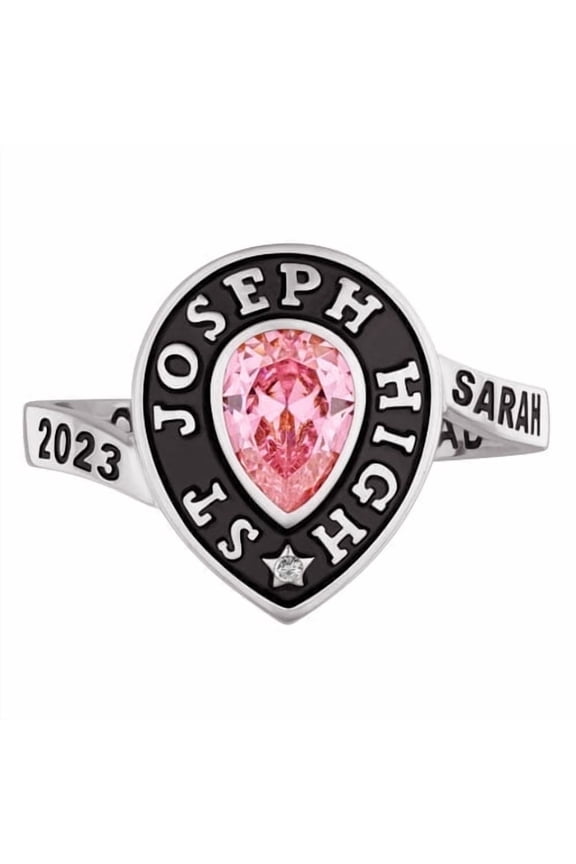 Ladies' Pear-Shaped Simulated Gemstone Class Ring with Diamond Accents – Custom 1 Birthstone & 4 Engraved Lines – Elegant Personalized Jewelry Gift