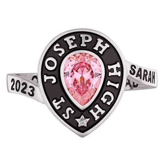 Jinaldiamond Ladies' Pear-Shaped Simulated Gemstone Class Ring with Diamond Accents – Custom 1 Birthstone & 4 Engraved Lines – Elegant Personalized Jewelry Gift(8.5)