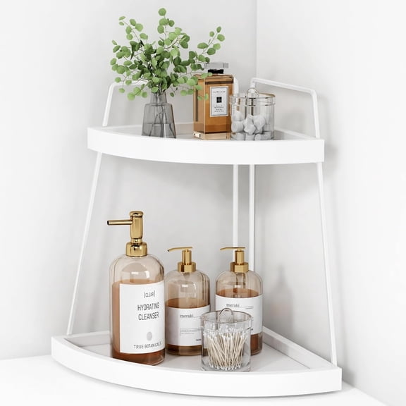 Jinanda Corner Bathroom Counter Organizer, 2 Tier Bathroom Organizer Countertop, Small Bathroom Sink Top Trays Corner Shelf Stand for Makeup Vanity Perfume Skincare Decor Storage (White and Gold)