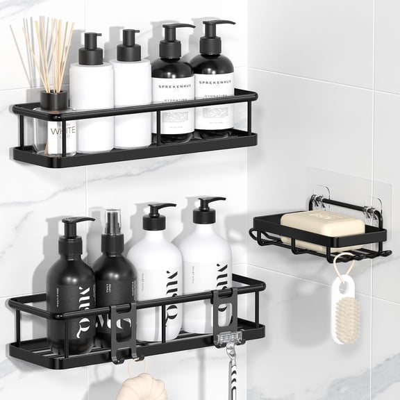 Jinanda Shower Caddy Adhesive, No Drill Bathroom Shower Organizers, with Removable Hooks and Soap Holder, Rust Proof Shower Shelves, Wall-Mounted Shower Holder, 3 Pack, Black