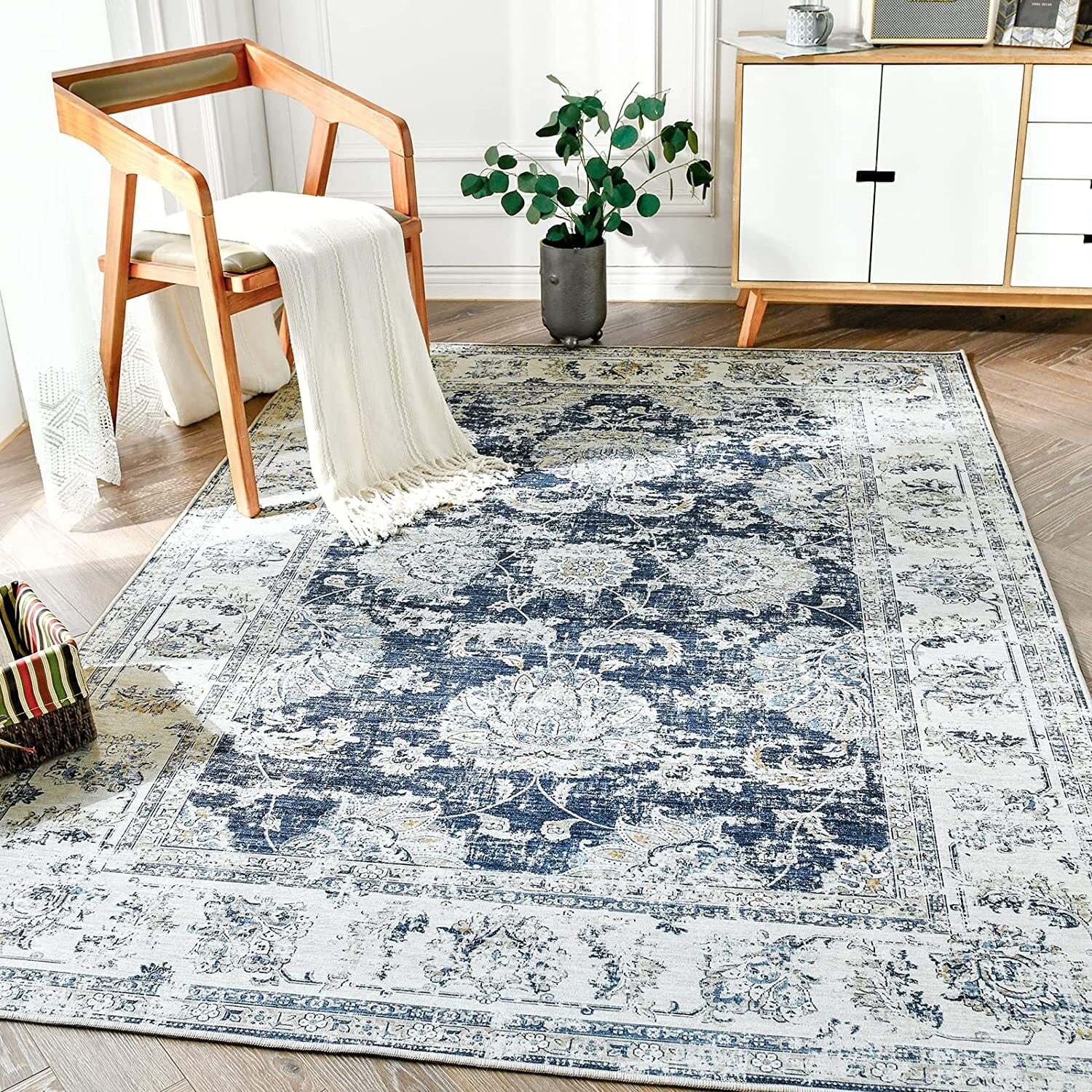 Jinchan Area Rug 5x7 Living Room Dark Blue Rug Floor Indoor Floral