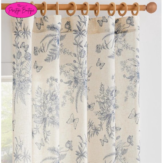 Jinchan Floral Linen Blend Curtains for Living Room Blue French Country Farmhouse Curtains 84 Inches Long Light Filtering Kitchen Window Grommet Top Semi Sheer 2 Panels