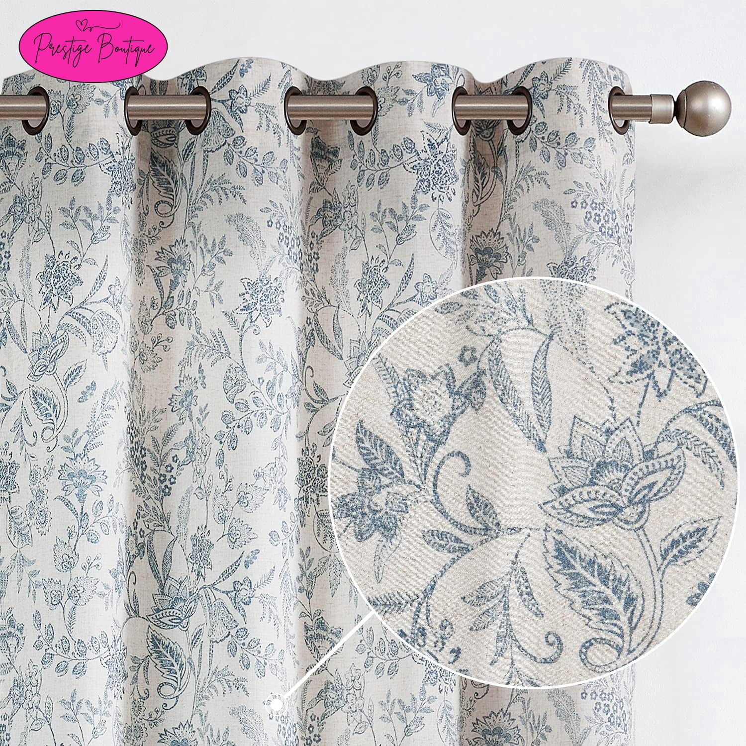 Jinchan Farmhouse Floral Curtains - 96" Long, Burlap Linen Look, Green Flower Print, Rod Pocket, Set Of 2 Panels