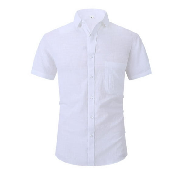 SWSMCLT Men's Slim Fit Casual Fashion 100 Cotton Shirt Short Sleeve Button Down Linen Top Slim Fit Summer Beach Shirt Pocket White Medium