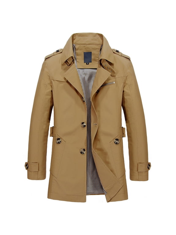 Jinda Men's 100% Cotton Trench Coat Notched Collar Single Breasted Casual Jacket Pea Coats Outwear 06 Brown Small