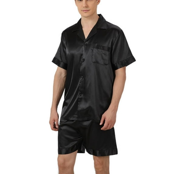 SWSMCLT Men's Button Down Soft Shorts Pj Casual Summer 2 Piece Satin Pajama Set Short Sleeve Lightweight Lounge Set Silky Black X-Large