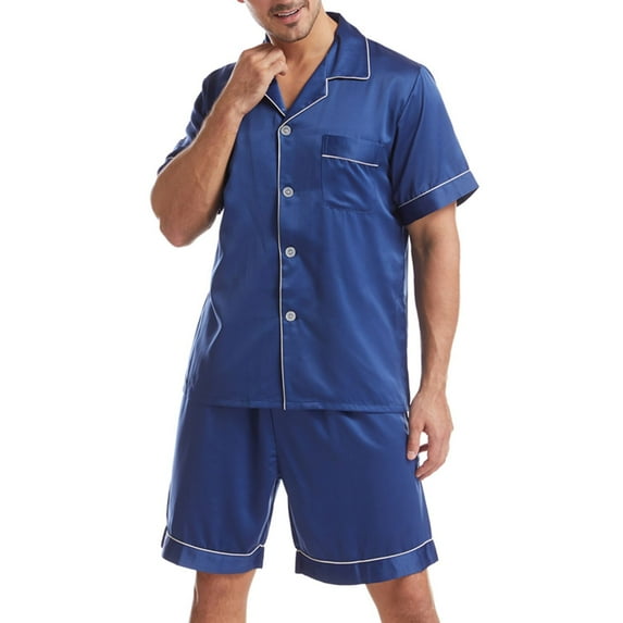 SWSMCLT Men's 2 Piece Satin Pajama Set Lightweight Soft Fall Button Spring Silk Silky Lounge Set Short Sleeve Pj Set Dark Blue Large