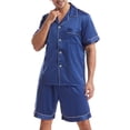 thumbnail image 1 of SWSMCLT Men's 2 Piece Satin Pajama Set Lightweight Soft Fall Button Spring Silk Silky Lounge Set Short Sleeve Pj Set Dark Blue X-Large, 1 of 4