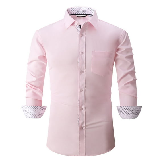 SWSMCLT Men's Button Down Shirt Long Sleeve Lightweight Slim Fit Shirts Top Casual Pocket Mandarin Collar Pink Large