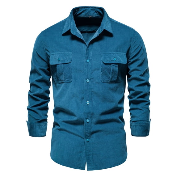 SWSMCLT Men's Full Cotton Long Sleeve Button Shirt Basic Top Fall Pocket Button Up Shirt Blue Large