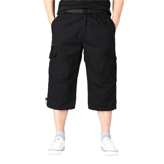 Jinda Men's Capri Cargo Pants Work Utility Pants Bottom Closed Back Flap Pocket Casual Long Shorts Black Large