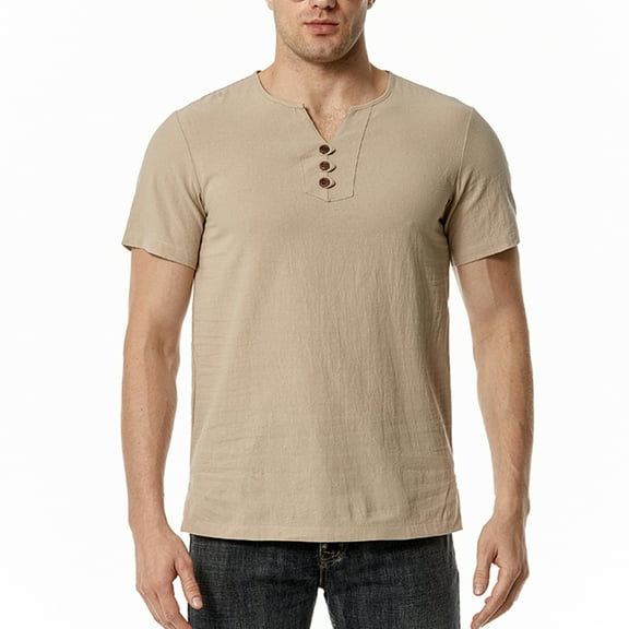 Jinda Men's Cotton Henley Shirt Soft Short Sleeve Tshirt Basic V Notch Neck Fashion Summer Slim Fit Comfy Linen Henley Cool Tee Khaki Small