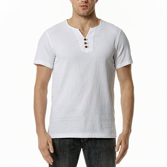 Jinda Men's Cotton Henley Shirt Soft Short Sleeve Tshirt Basic V Notch Neck Fashion Summer Slim Fit Comfy Linen Henley Cool Tee White Large