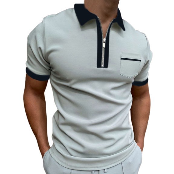 SWSMCLT Men's Cotton Short Sleeve Shirt Contrast Color Slim Fit Top With Pocket Summer Fashion Collared Soft Half Zip Grey XX-Large