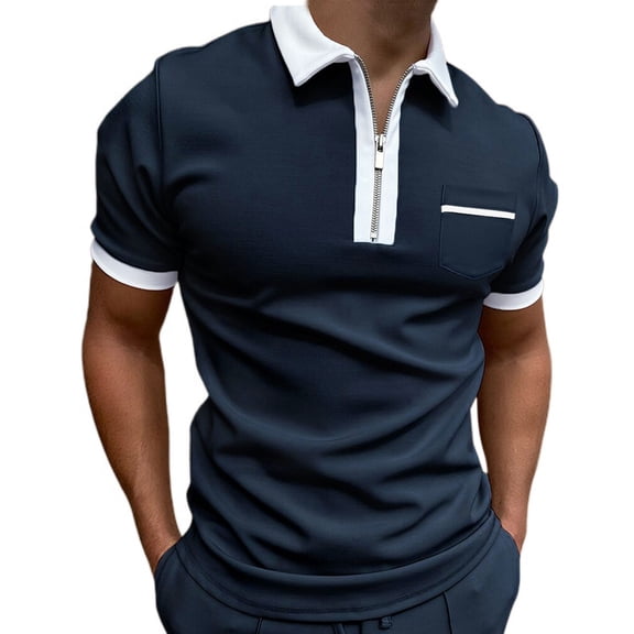 Jinda Men's Cotton Short Sleeve Shirt Contrast Color Summer Fashion Collared Soft Half Zip Slim Fit Top With Pocket Navy Medium
